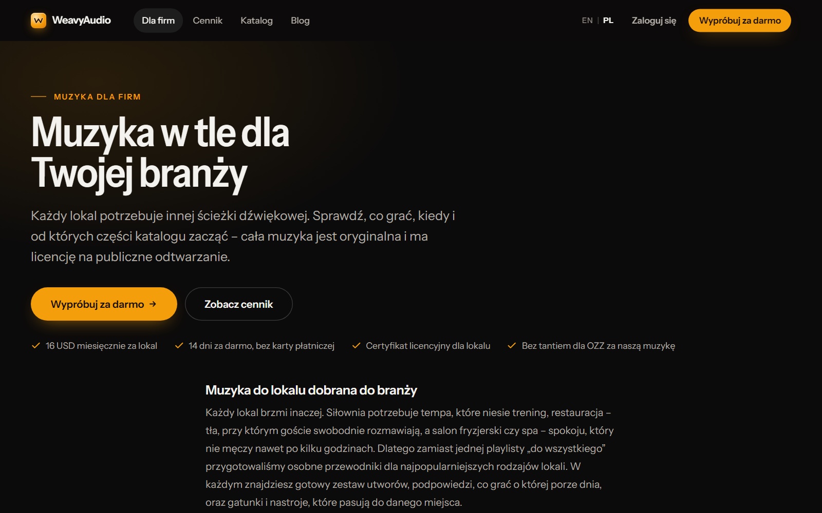 Strona Muzyka w tle dla Twojej branży w WeavyAudio z przyciskiem Wypróbuj za darmo i czterema haczykami oferty