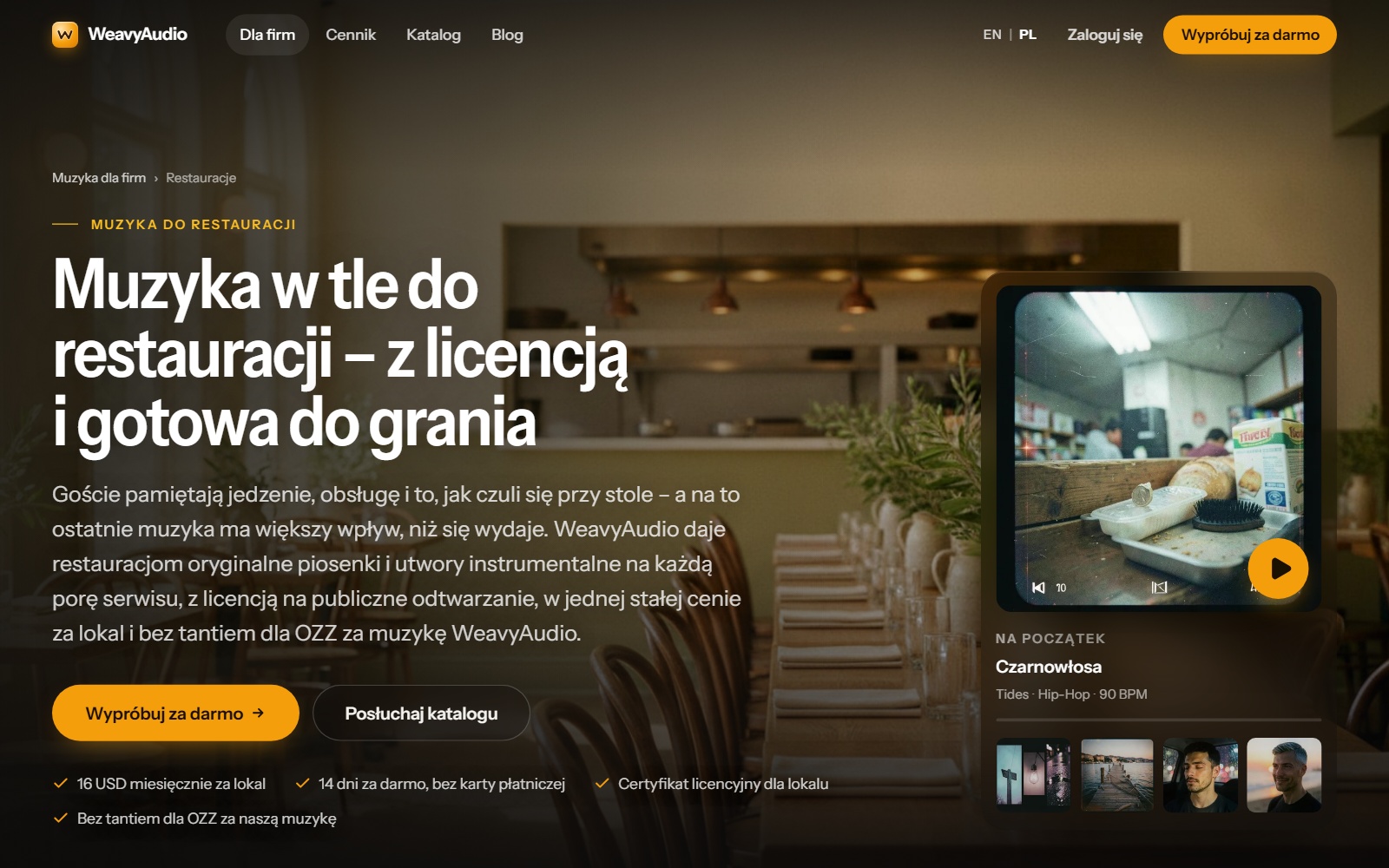 Przewodnik Muzyka w tle do restauracji: zdjęcie sali, nagłówek, przyciski i karta odtwarzacza Na początek