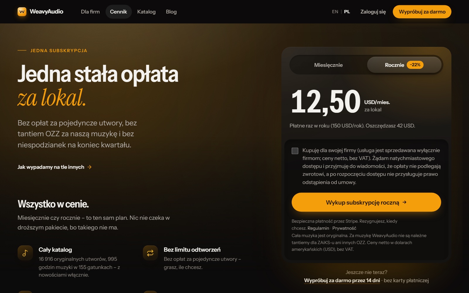 Strona cennika WeavyAudio: plan roczny 12,50 USD miesięcznie, 150 USD rocznie, przycisk zakupu i okres próbny