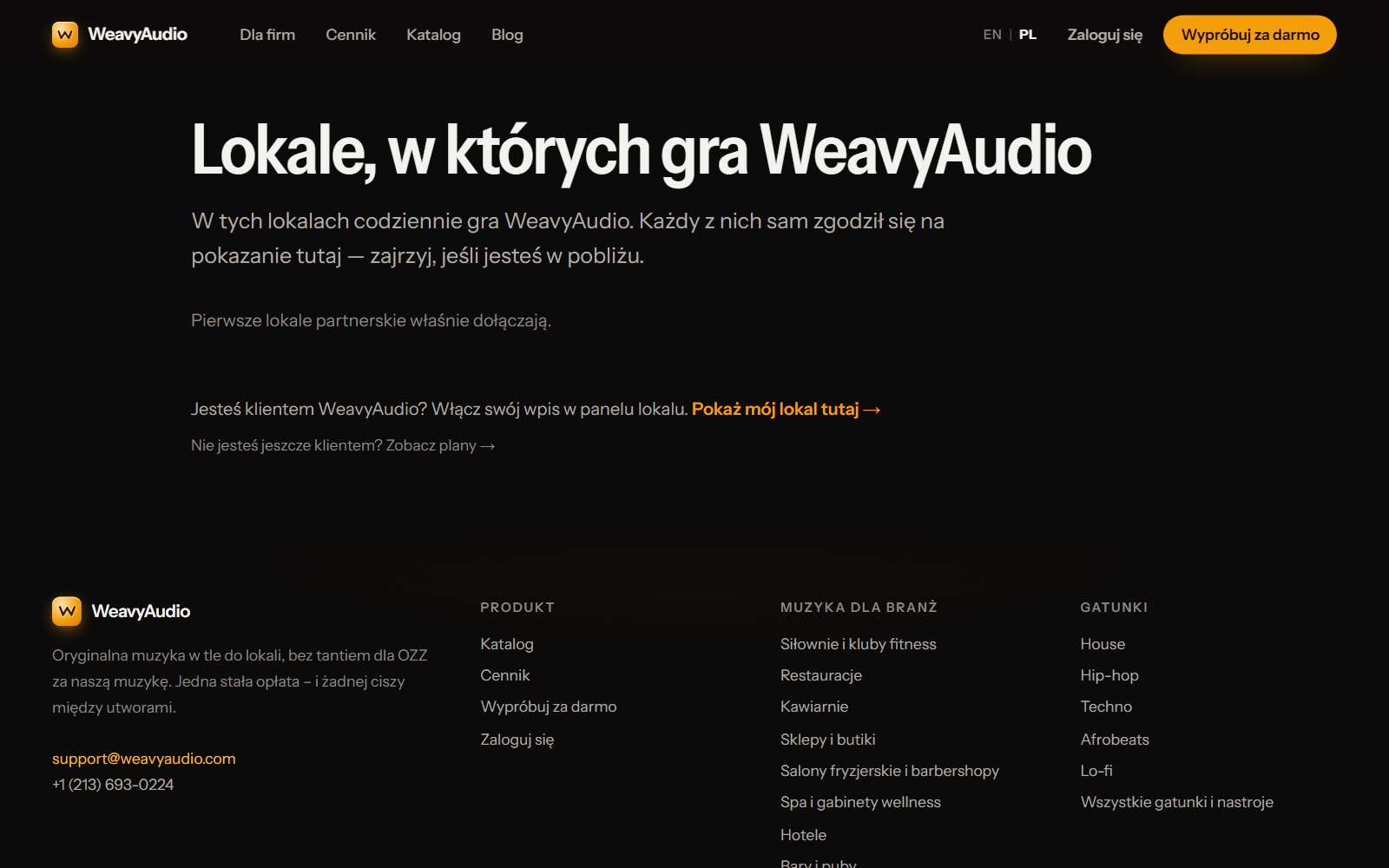 Strona Lokale, w których gra WeavyAudio: pusta lista i odnośniki Pokaż mój lokal tutaj oraz Zobacz plany