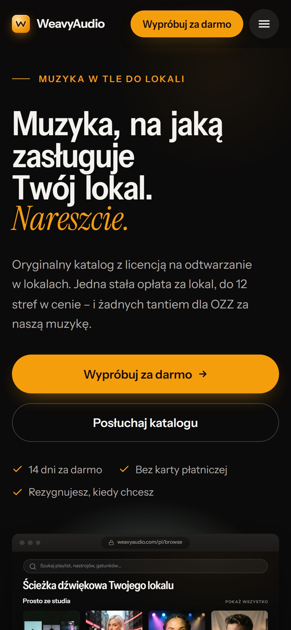 Nowa wersja mobilna strony głównej WeavyAudio z przyciskiem Wypróbuj za darmo i ikoną menu